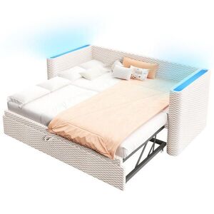 OKWISH ROZKLÁDACÍ postel 90/200 cm béžová z sametu s LED osvětlením a funkcí lůžka 180/200 cm obraz