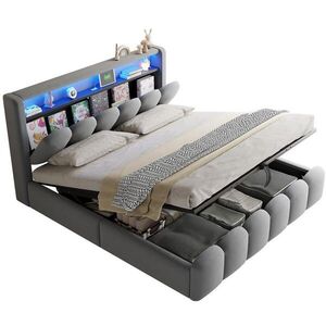 Redom ČALOUNĚNÁ postel 180/200 cm s LED osvětlením, USB a Type-C porty, hydraulickým úložným prostorem a úložným prostorem v čele, Šedá obraz
