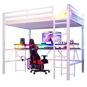 Redom VYSOKÁ postel 140/200 cm s LED osvětlením, psacím stolem, USB-C a zásuvkami, kovová konstrukce, Bílá obraz