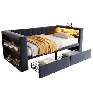 Redom ČALOUNĚNÁ postel 90/190 cm s LED osvětlením, zásuvkami, úložným prostorem a zásuvkami pod lůžkem, Tmavě šedá obraz