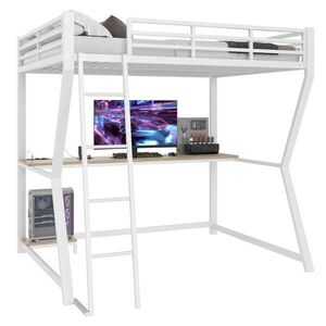 Redom VYSOKÁ postel 140/200 cm s LED osvětlením, psacím stolem, zásuvkou a USB, s bezpečnostním zábradlím a schodištěm, Bílá obraz