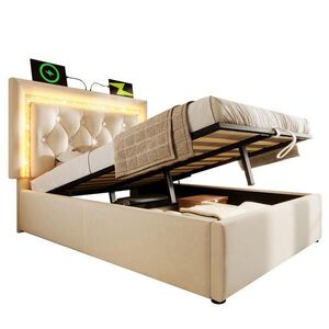 Redom ČALOUNĚNÁ postel 90/200 cm s LED osvětlením, USB a Type-C portem a úložným prostorem, Béžová obraz