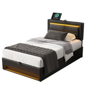 Redom ČALOUNĚNÁ postel 90/200 cm s USB portem, LED osvětlením a úložným prostorem, PU, Černá obraz