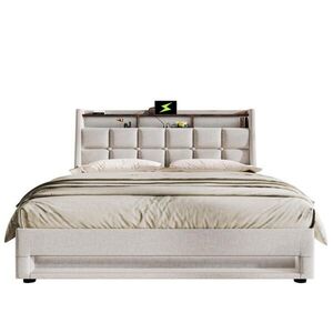 Redom ČALOUNĚNÁ postel 180/200 cm s LED osvětlením, USB portem a úložným prostorem, Světle béžová obraz
