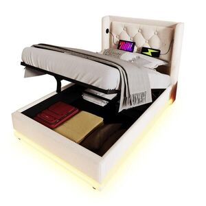 Redom ČALOUNĚNÁ postel 90/200 cm s LED osvětlením, USB a USB-C nabíjením, hydraulickým úložným prostorem, Béžová obraz
