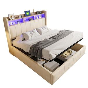 Redom ČALOUNĚNÁ postel 160/200 cm s barevně měnitelným LED osvětlením, USB a USB-C porty, hydraulickým úložným prostorem, Béžová obraz