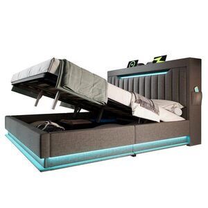 Redom ČALOUNĚNÁ postel 160x200 cm s LED osvětlením, USB a USB-C nabíjením, hydraulickým úložným prostorem, Šedá obraz