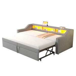 Redom ČALOUNĚNÁ postel 90/180x200 cm s výsuvným lůžkem, LED osvětlením a USB portem, světle šedá obraz