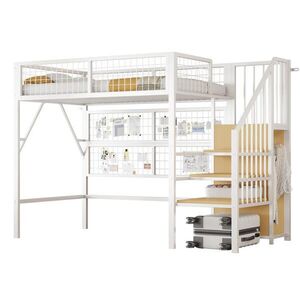 Redom VYSOKÁ postel 90/200 cm s LED osvětlením ovládaným aplikací, schodištěm s úložným prostorem a otevřenou šatní skříní, Bílá obraz