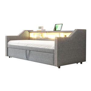 Redom ČALOUNĚNÁ postel 90/180 x 190 cm s výsuvným lůžkem, úložnými přihrádkami, LED osvětlením a USB portem, Světle šedá obraz