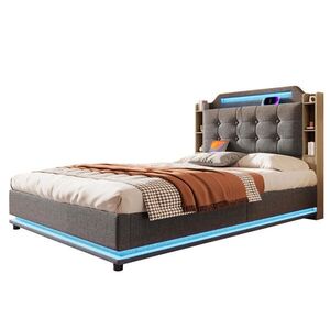 Redom ČALOUNĚNÁ postel 140/200 cm s LED osvětlením, hydraulickým úložným prostorem, USB a Type-C, Šedá obraz