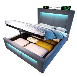 Redom ČALOUNĚNÁ postel 90/200 cm s úložným prostorem, LED osvětlením, USB a Type-C nabíjením, s matrací, Šedá obraz