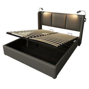 Redom ČALOUNĚNÁ postel 140x200 cm s LED čtecím světlem, USB nabíjením a úložným prostorem, Šedá obraz