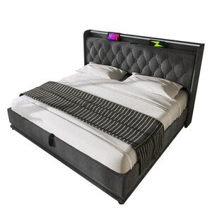 Redom ČALOUNĚNÁ postel 160/200 cm s 360° LED osvětlením, USB a USB-C nabíjením, úložným prostorem, Šedá obraz