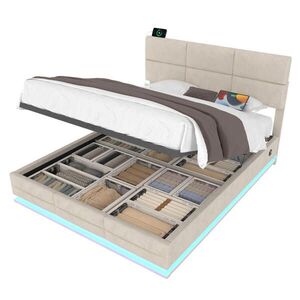 Redom ČALOUNĚNÁ postel 140/200 cm s nastavitelným čelem, LED osvětlením, USB porty a hydraulickým úložným prostorem, Béžová obraz