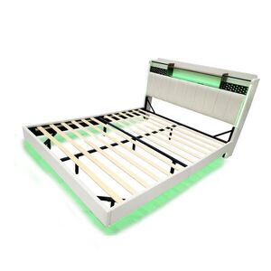 Redom ČALOUNĚNÁ postel 160/200 cm s LED osvětlením, USB portem a úložným čelem, Béžová obraz