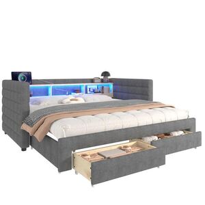 Redom ČALOUNĚNÁ postel 90/190 cm s LED osvětlením, USB a USB-C porty, dvěma zásuvkami a úložným prostorem, Samet, Šedá obraz