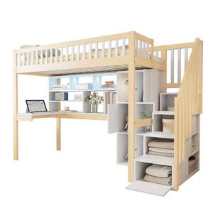 Redom VYSOKÁ postel 90/200 cm s LED osvětlením, úložným schodištěm, regály a psacím stolem z borovice a MDF, Bílá+Přírodní obraz