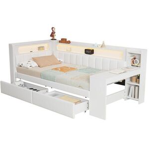 Modfu ČALOUNĚNÁ postel z MDF, překližky a lehu 90x200 cm bílá s LED osvětlením, USB portem, psacím stolem a 2 zásuvkami obraz