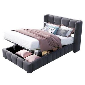 Modfu ČALOUNĚNÁ postel z látky 90x200 cm šedá s úložným prostorem, zvedacím mechanismem a stabilním kovovým rámem obraz