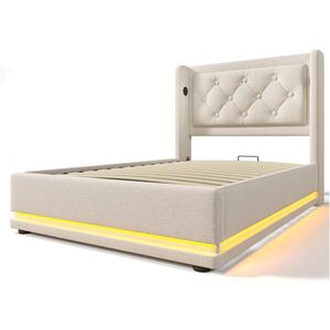 Modfu ČALOUNĚNÁ postel z bavlny 90x200 cm béžová s USB-C, LED osvětlením a hydraulickým úložným prostorem obraz