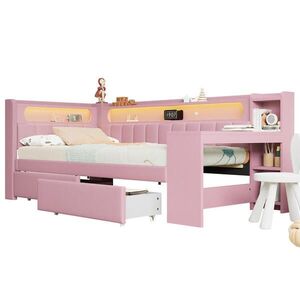 Modfu ČALOUNĚNÁ postel 90x200 cm růžová s LED osvětlením, USB portem, psacím stolem a 2 zásuvkami obraz