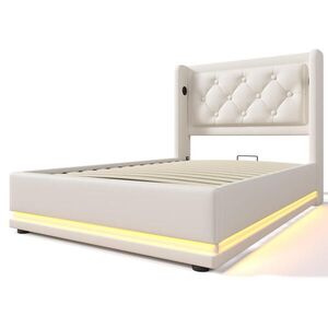 Modfu ČALOUNĚNÁ postel z PU 90x200 cm bílá s hydraulickým úložným prostorem, LED osvětlením a USB/Typ-C nabíjením obraz