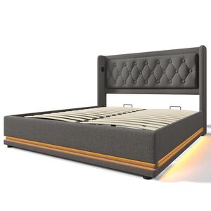 Modfu ČALOUNĚNÁ postel z bavlny 140x200 cm šedá s hydraulickým úložným prostorem, LED a USB-C obraz