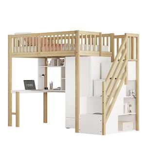 Modfu PATROVÁ postel z masivního dřeva 90x200 cm přírodní dřevo/bílá se šatní skříní, stolem a úložnými schody obraz