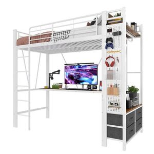 Modfu PATROVÁ postel z kovu a MDF 90x200 cm bílá s psacím stolem, LED osvětlením, USB-C portem, zásuvkou a 4 zásuvkami obraz