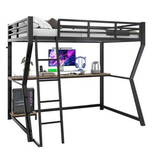 Modfu PATROVÁ postel z kovu a MDF 90x200 cm černá s LED osvětlením, psacím stolem, zásuvkou, USB a schody obraz