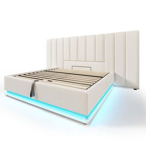 Modfu ČALOUNĚNÁ postel z PU 160x200 cm bílá s LED osvětlením, USB a USB-C nabíjením a hydraulickým úložným prostorem obraz