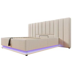 Modfu ČALOUNĚNÁ postel ze lnu 180x200 cm béžová s LED osvětlením, USB-C a hydraulickým úložným prostorem obraz