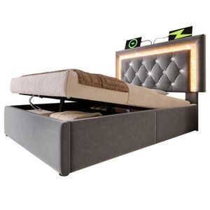Modfu ČALOUNĚNÁ postel z sametu 90x200 cm šedá s LED osvětlením, USB a Type-C, hydraulickým úložným prostorem a matrací obraz