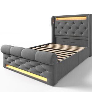 Modfu ČALOUNĚNÁ postel z sametu 90x200 cm šedá s LED osvětlením, USB a USB-C nabíjecí stanicí a hydraulickým úložným prostorem obraz
