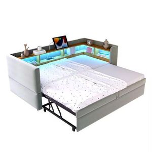 Modfu ROZKLÁDACÍ pohovka z flanelu 90x190 cm světle šedá s LED osvětlením, zásuvkou a úložnými policemi obraz
