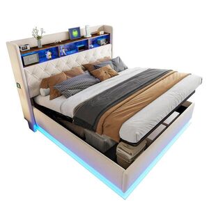 Modfu ČALOUNĚNÁ postel z látky 180x200 cm béžová s USB portem, LED osvětlením a hydraulickým úložným prostorem obraz