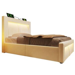 Modfu ČALOUNĚNÁ postel ze sametu 90x200 cm béžová s LED osvětlením, USB, Type-C a hydraulickým úložným prostorem obraz