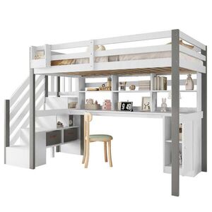 Modfu POLOVYSOKÁ postel z masivu a MDF 90x200 cm bílá/šedá s psacím stolem, regálem, úložnými schody a boxy obraz