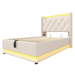 Modfu ČALOUNĚNÁ postel z PU 90x200 cm bílá s LED osvětlením, USB a hydraulickým úložným prostorem obraz