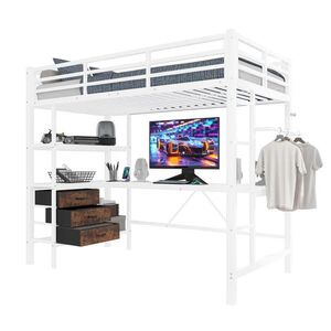 Modfu PATROVÁ postel z kovu a MDF 90x200 cm bílá s LED osvětlením, stolem, USB a 3 zásuvkami obraz