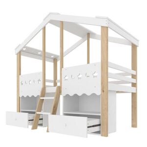 Modfu DĚTSKÁ vyvýšená postel z borovice 90x200 cm bílá/přírodní s LED osvětlením, 2 zásuvkami a policemi obraz