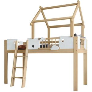 Modfu PATROVÁ postel z borovice a MDF 90x200 cm bílá/přírodní se střechou, zábranou a třístupňovým žebříkem obraz