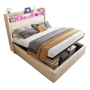 Modfu ČALOUNĚNÁ postel z lněné látky 140x200 cm béžová s LED osvětlením, USB a úložným prostorem obraz