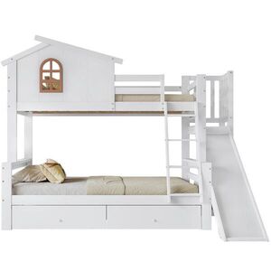 Modfu PATROVÁ postel z masivu a MDF 90x200 cm bílá s oknem, skluzavkou, 2 zásuvkami a čtyřstupňovým schodištěm obraz