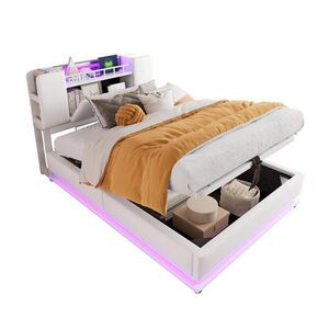 Modfu DĚTSKÁ čalouněná postel ze sametu 90x200 cm béžová s LED osvětlením, USB portem a hydraulickým úložným prostorem obraz