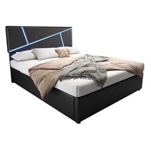 Modfu ČALOUNĚNÁ postel z PU 140x200 cm černá s LED osvětlením, hydraulickým úložným prostorem a lamelovým roštem obraz