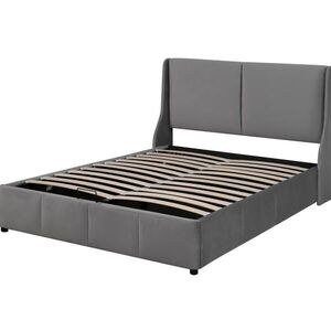 Modfu ČALOUNĚNÁ postel z sametu 140x190 cm šedá s hydraulickým úložným prostorem a čelem ve tvaru uší obraz