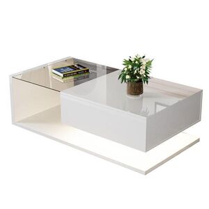 Modfu KONFERENČNÍ stolek z dřevotřísky 105x55x32, 5 cm bílý vysoký lesk s tvrzeným sklem, LED osvětlením a úložným prostorem obraz