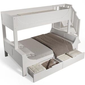 OKWISH PATROVÁ postel 90/200 a 140/200 cm bílá z dřeva a kovu s úložným schodištěm a zásuvkami obraz